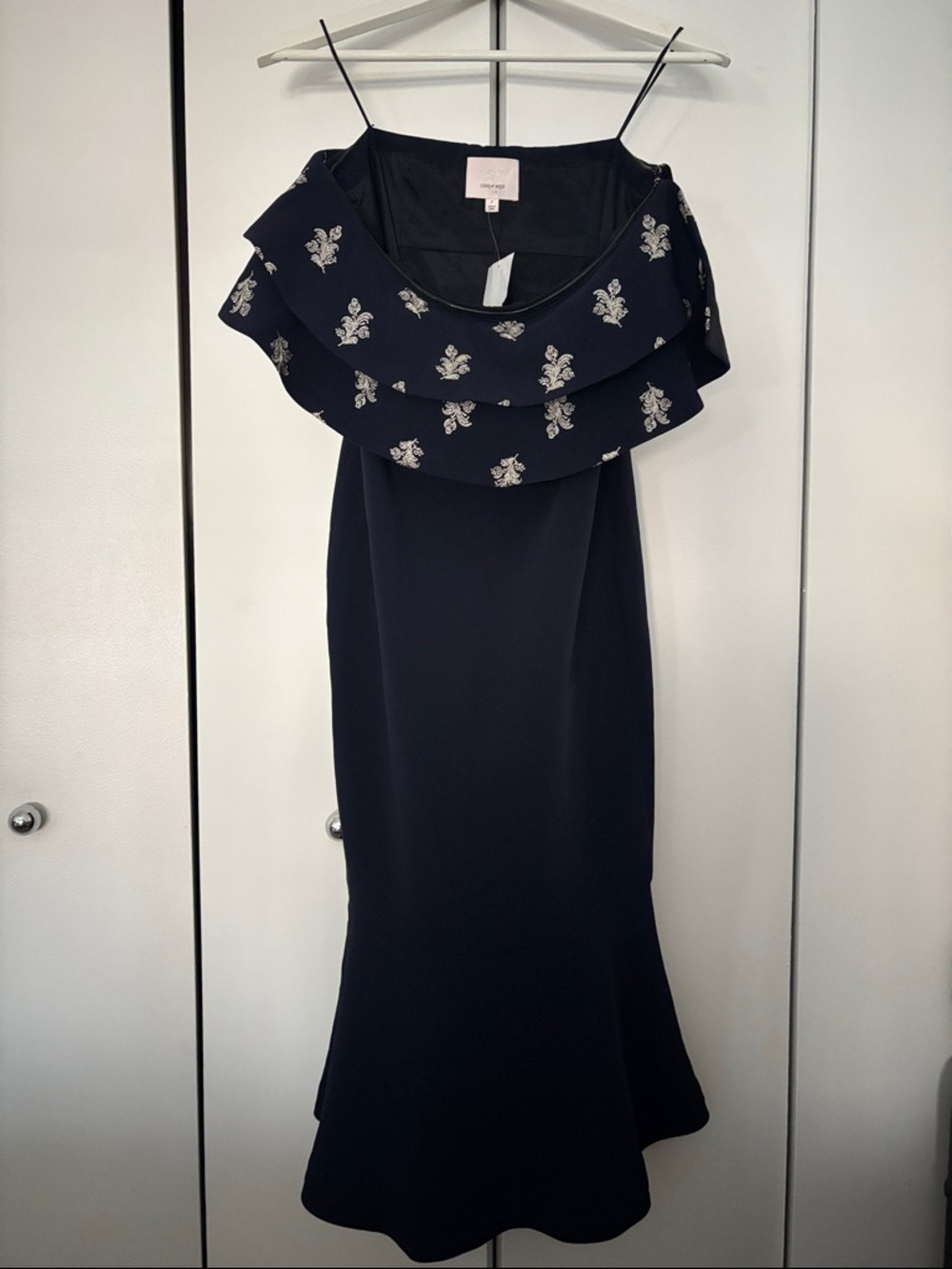 cinq a sept Navy Strapless Ruffle Midi Dress with Silver Floral Appliqué